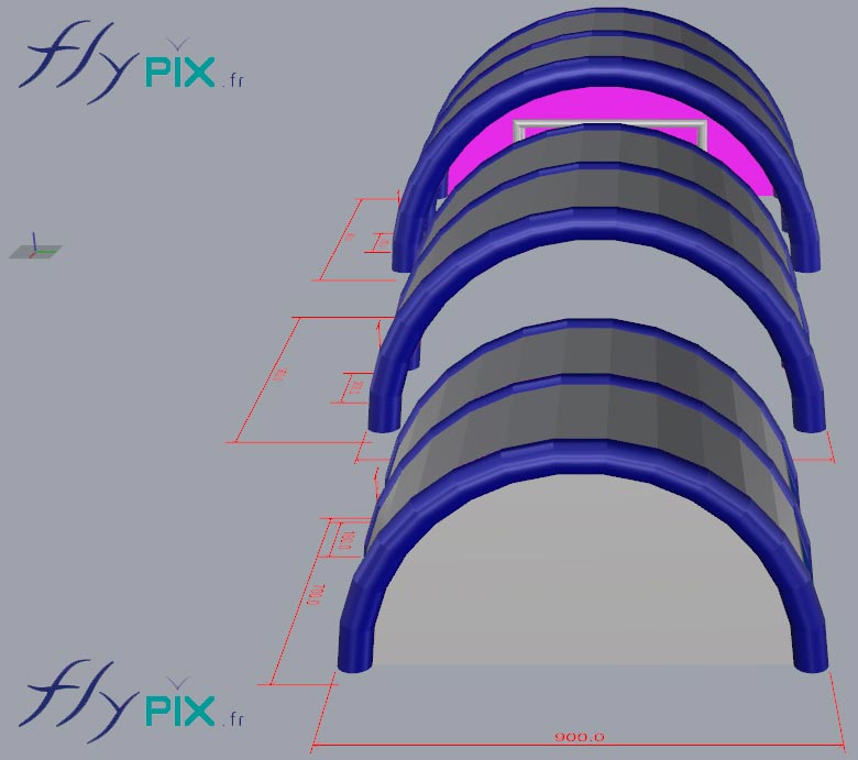 Etude 3D de conception pour une tente gonflable de chantier, en forme de tunnel.