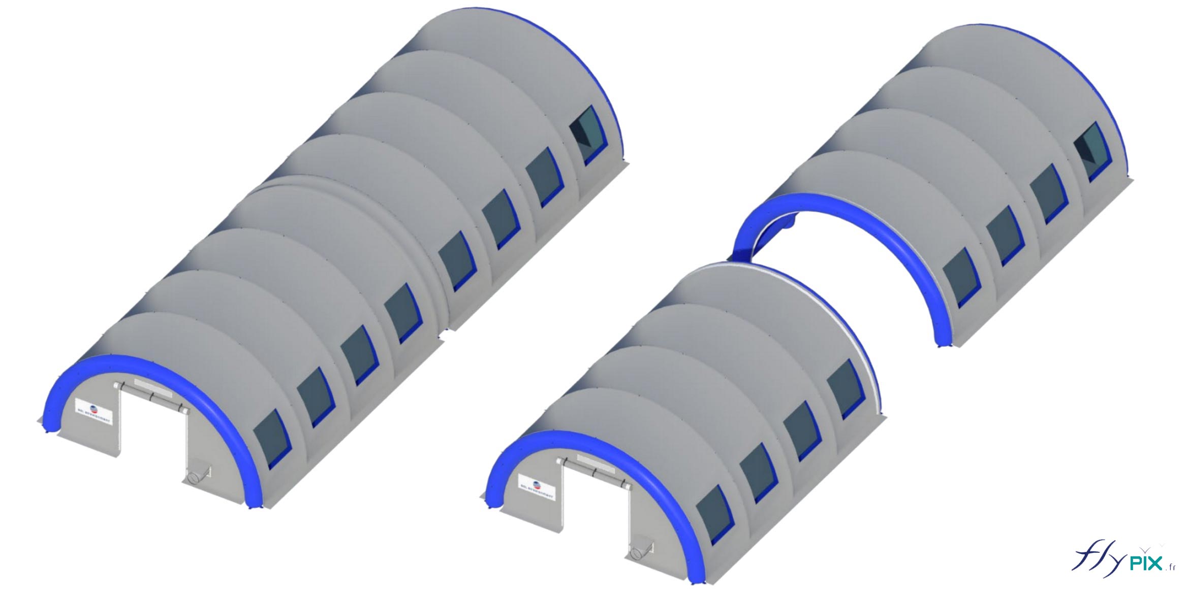 Les modules de tentes en forme de tunnel peuvent être raccordés les uns à la suite des autres, dans le sens de la longueur.