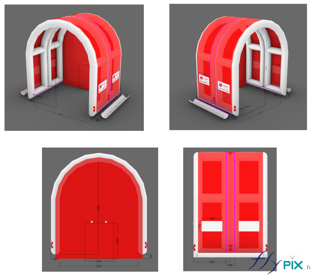 BAT, modélisation 3D d'un abri gonflable de chantier industriel, composé de 2 modules air captif gonflés avec une pompe électrique.