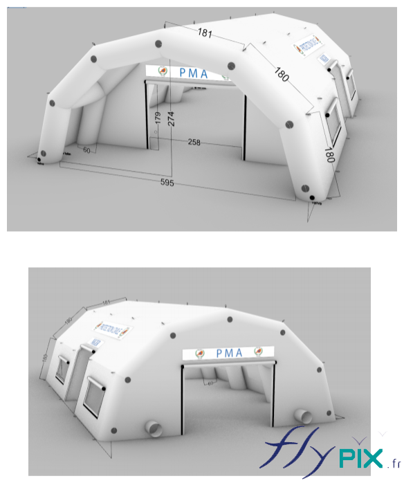 BAT ou modélisation 3D de la tente PMA gonflable, un abri médical réalisé pour l'Armée Française.