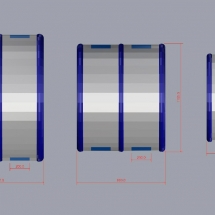 3 modules de tente de largeur et de tailles décroissantes s'emboitent dans le sens de la longueur.