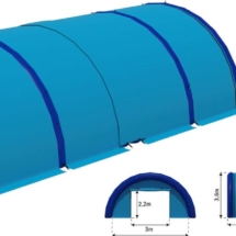 Plan d'une tente gonflable de chantier en forme de tunnel et de grande taille, fabriquée sur mesure.