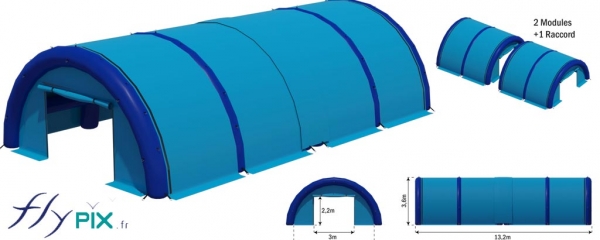 Plan d'une tente gonflable de chantier en forme de tunnel et de grande taille, fabriquée sur mesure.