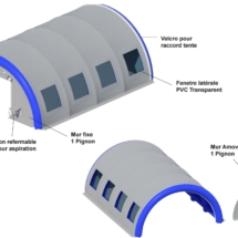 Tente gonflable abri piscine de chantier en forme de tunnel.