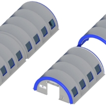 Les modules de tentes en forme de tunnel peuvent être raccordés les uns à la suite des autres, dans le sens de la longueur.