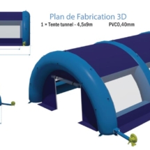 Plan d'un abri gonflable de chantier, en forme de tunnel.