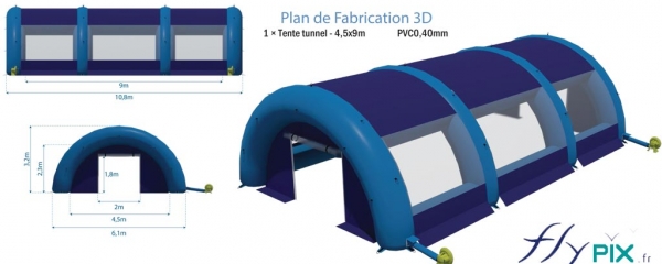 Plan d&#039;un abri gonflable de chantier, en forme de tunnel.