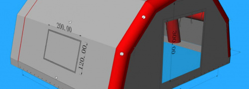 Un nouvel abri gonflable de chantier, sous la forme de 2 modules 6 x 6 m assemblés, fabriqué dernièrement pour un pisciniste. Cette tente de chantier gonflable est destinée à couvrir des piscines pour la pose de liner ou la pose d'enduits/résines. C'est une structure gonflable à l'air avec une pompe, air captif étanche. – Droits réservés, reproduction interdite. Copyright FlyPix / Vivien LAÏLLE.