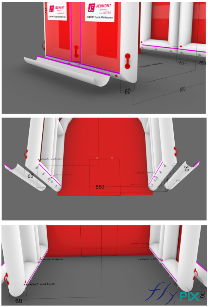 Modélisation 3D de la tente gonflable air captif, divisée en 2 modules gonflés avec une pompe électrique.