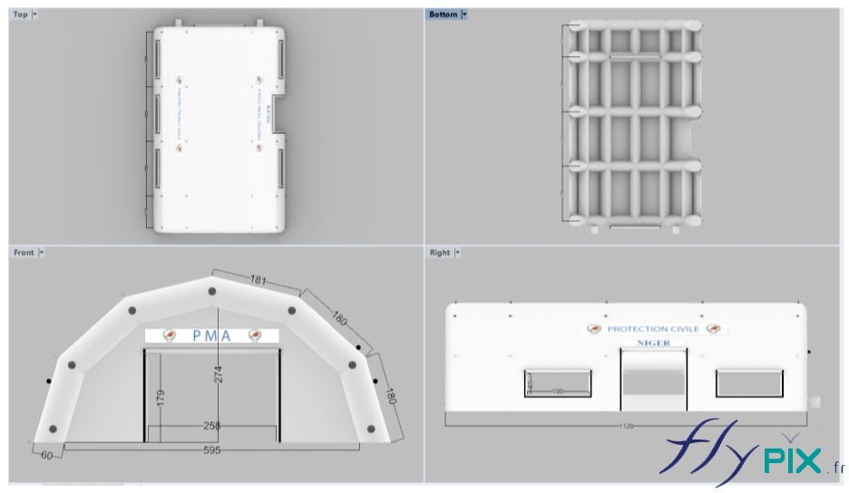 BAT avec la modélisation 3D de la tente médicale fabriquées pour l'Armée Française, plus précisément la Protection Civile du Niger, pour l'Ambassade de France au Niger.