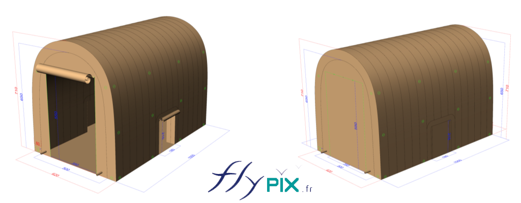 Modélisation en 3D et bon à tirer de la tente de chantier en forme de U inversé, et validé par le commanditaire Thalès. - Droits réservés, copyrights FLYPIX.