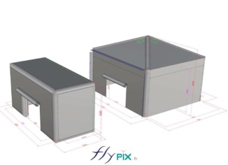 Ci-dessus : un BAT (bon à tirer), avec des modélisations en 3D, présentant le concept de 2 tentes gonflables associées ensemble, et validé par les responsables du projet de la société Thales. Ce sont 2 abris gonflables sont air captif, c'est-à-dire gonflés avec une pompe électrique et reliés à un régulateur de pression qui gère automatiquement la pression de l'air à l'intérieur des boudins d'ossatures. Le premier abri est en forme de parallélépipède et l second en forme de maisons ; ils seront utilisés en environnement intérieur comme chambre noire étanche à la lumière, pour s'isoler de la lumière extérieure.