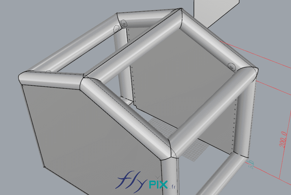 FlyPix de fabriquer sur mesure une tente gonflable air captif de dimensions L = 2.5 m x l = 2.5 m x H = 2.5 m. - Droits réservés, copyrights FLYPIX.