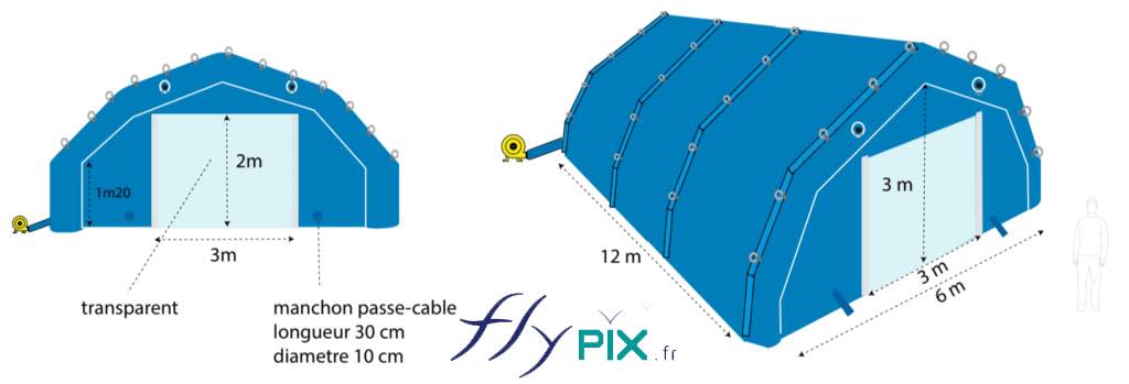 Pour la société pisciniste VAL D'AMOUR PISCINE, nous avons conçu et réalisé un abri piscine gonflable de chantier, de dimensions L = 12 m x l = 6 m. Cette tente gonflable de chantier est entièrement en enveloppe PVC 0.45 mm simple peau et gonflée avec une turbine électrique 220V en peramence.