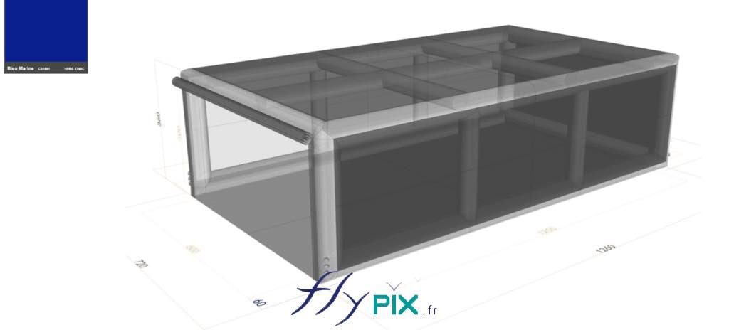 Tente gonflable industrielle : Une bâche au sol en PVC lavable, soudée à la tente, assure une parfaite étanchéité pour assurer dans les meilleures conditions les travaux de fumigation, comme demandé par le commanditaire 3 DESCENDEURS.  - Droits réservés, copyrights FLYPIX.