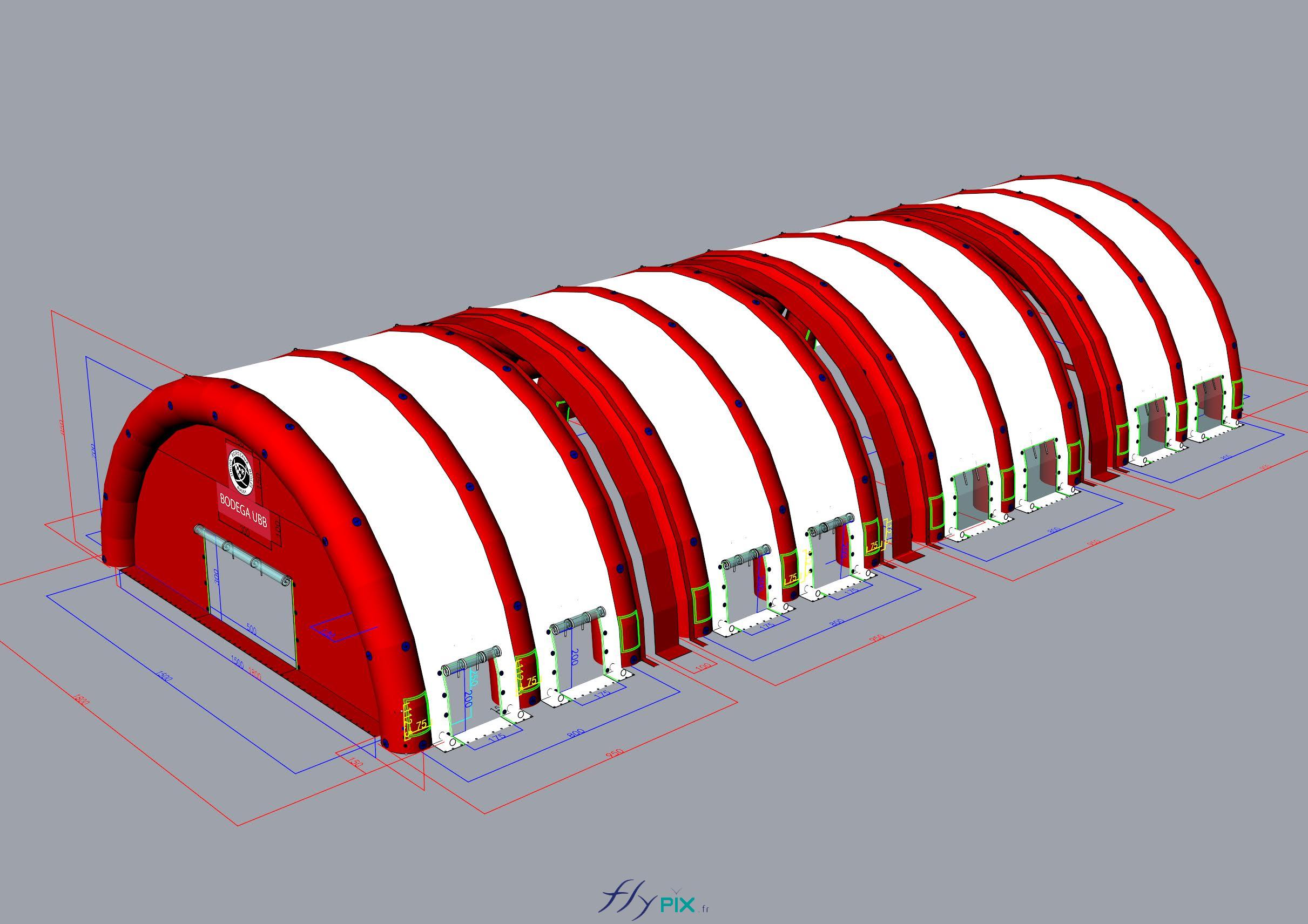 Conception et modélisation en infographie 3D pour un abri gonflable de réception de public - Droits réservés, copyrights FLYPIX. 