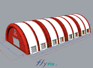 Nous avons réalisé récemment, pour l'association Union Bordeaux Begles, une étude de modélisation et d'infographie en 3 dimensions, grâce à notre infographiste, pour la conception et le design d'une grande tente gonflable de réception de public. Le hangar est une grande structure gonflable de dimensions intérieures utiles L = 32 m x l = 15 m, hauteur H = 7 m, en forme de tunnel demi-lune, composé de 4 modules. – Droits réservés, reproduction interdite. Copyright FlyPix / Vivien LAÏLLE.