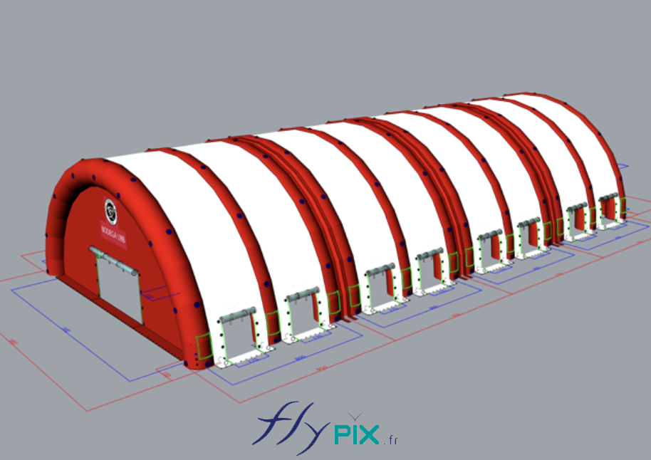 Les différentes vues en 3D permettent de voir les différents modules de tentes gonflables et les différentes parties assemblées. - Droits réservés, copyrights FLYPIX. 