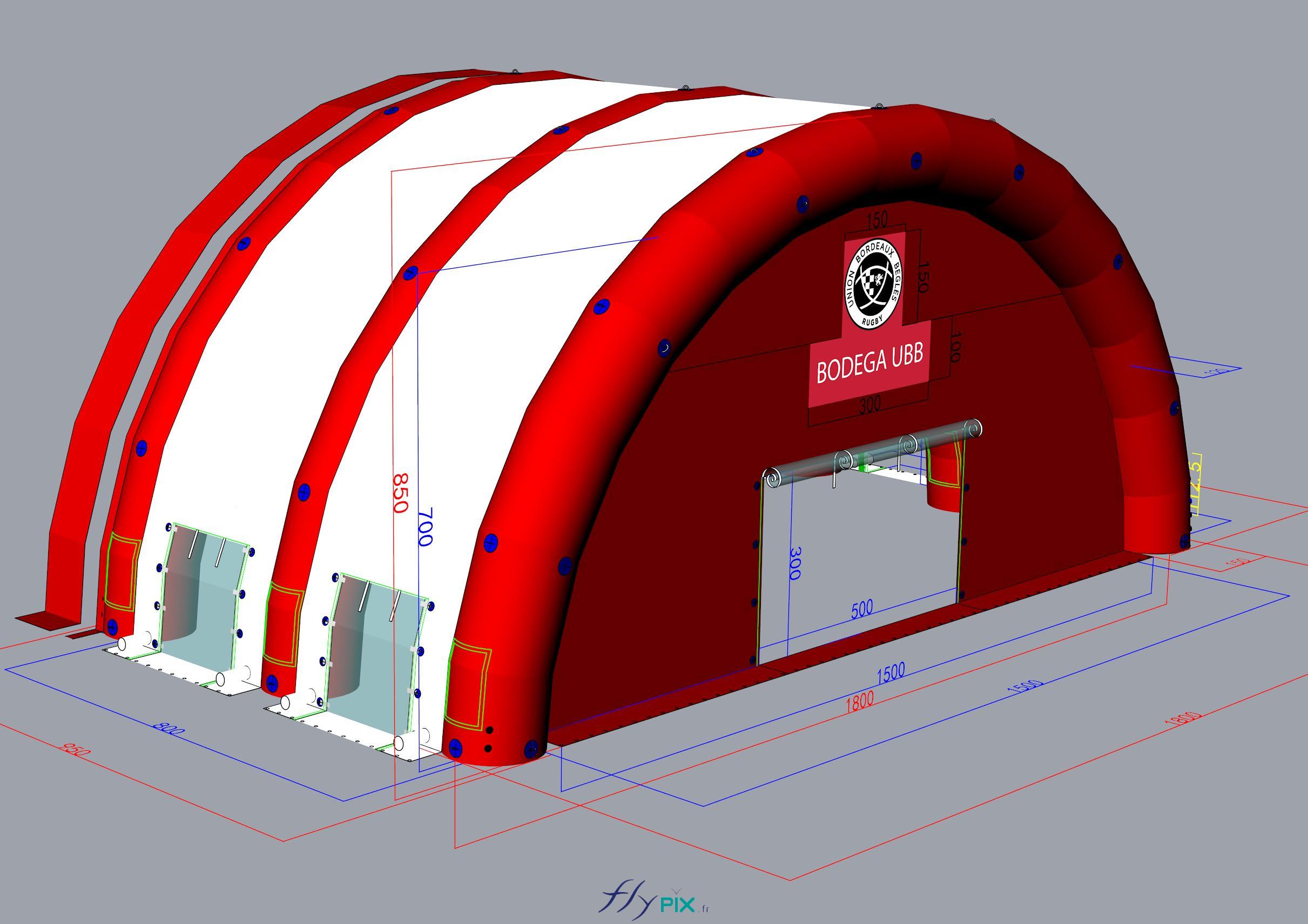 Conception et modélisation en infographie 3D pour un abri gonflable de réception de public - Droits réservés, copyrights FLYPIX.