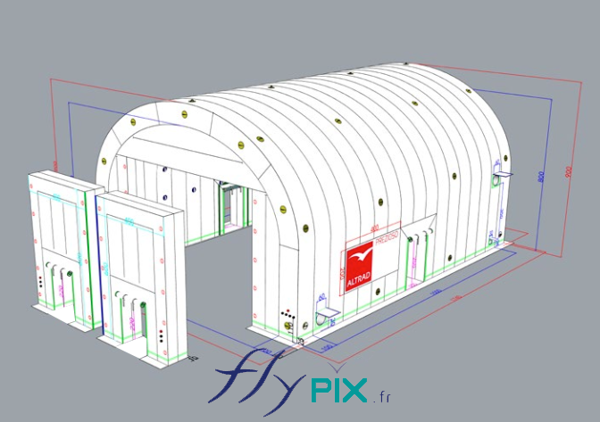 Modélisation infographie 3D : face avant droite de la tente, point de vue général, avec les 2 modules de portes amovibles qui peuvent être retirés pour faire une ouverture plus grande, pour accueillir des pièces ou des machines de grandes dimensions. - Droits réservés, copyrights FLYPIX.