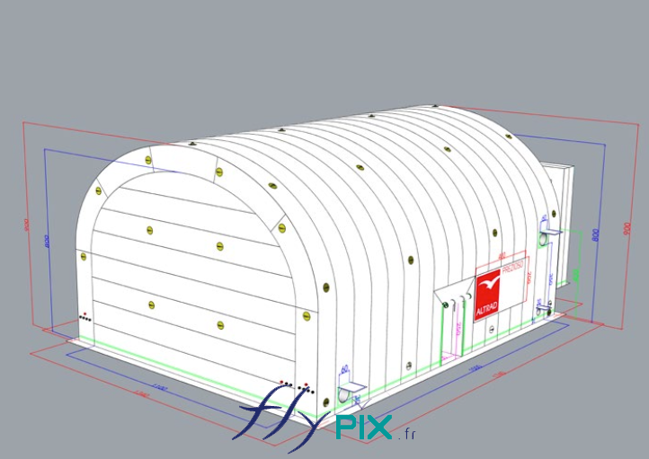 ALTRAD / PREZIOSO : étude et modélisation 3D, BAT (bon à tirer) pour un gros hangar gonflable industriel, air captif, tente de chantiers industriels - Droits réservés, copyrights FLYPIX.
