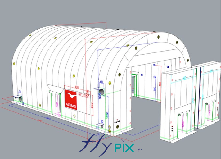 Modélisation infographie 3D : face avant gauche de la tente, point de vue général, avec les 2 modules de portes amovibles. - Droits réservés, copyrights FLYPIX.