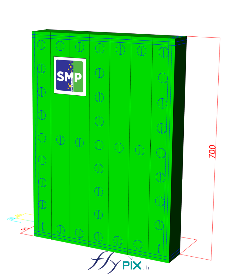 Différentes vues en infographie 3D et plans de conception, pour les murs gonflables de réduction de bruits et des nuisances sonores, qui ont été utilisés pour le BAT (bon à tirer), validé par le commanditaire SMP Drilling. - Droits réservés, copyrights FLYPIX.