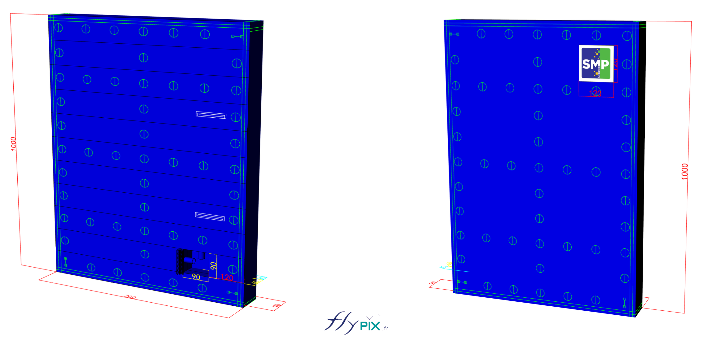 Différentes vues en infographie 3D et plans de conception, pour les murs gonflables de réduction de bruits et des nuisances sonores, qui ont été utilisés pour le BAT (bon à tirer), validé par le commanditaire SMP Drilling. - Droits réservés, copyrights FLYPIX.