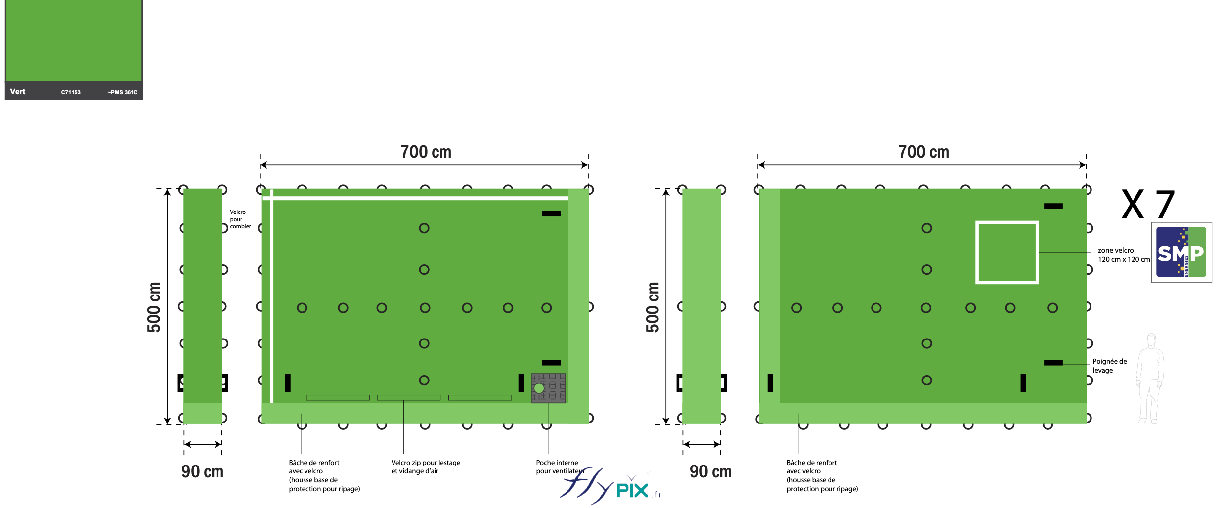 Différentes vues en infographie 3D et plans de conception, pour les murs gonflables de réduction de bruits et des nuisances sonores, qui ont été utilisés pour le BAT (bon à tirer), validé par le commanditaire SMP Drilling. - Droits réservés, copyrights FLYPIX.