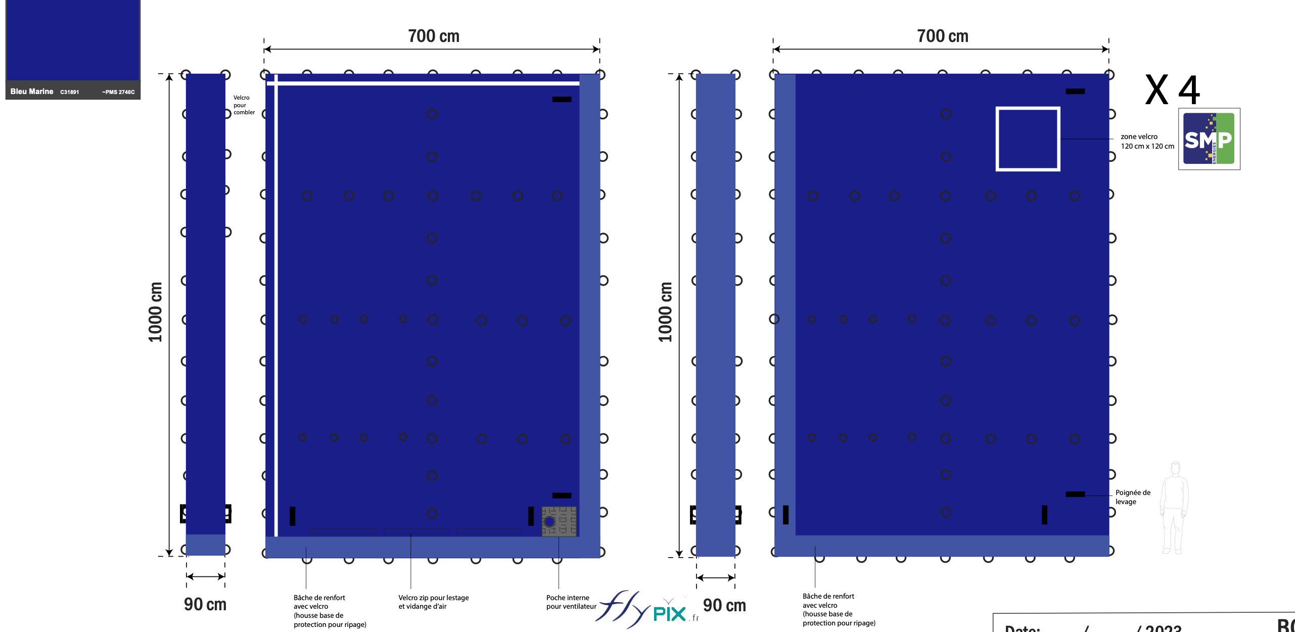 Différentes vues en infographie 3D et plans de conception, pour les murs gonflables de réduction de bruits et des nuisances sonores, qui ont été utilisés pour le BAT (bon à tirer), validé par le commanditaire SMP Drilling. - Droits réservés, copyrights FLYPIX.