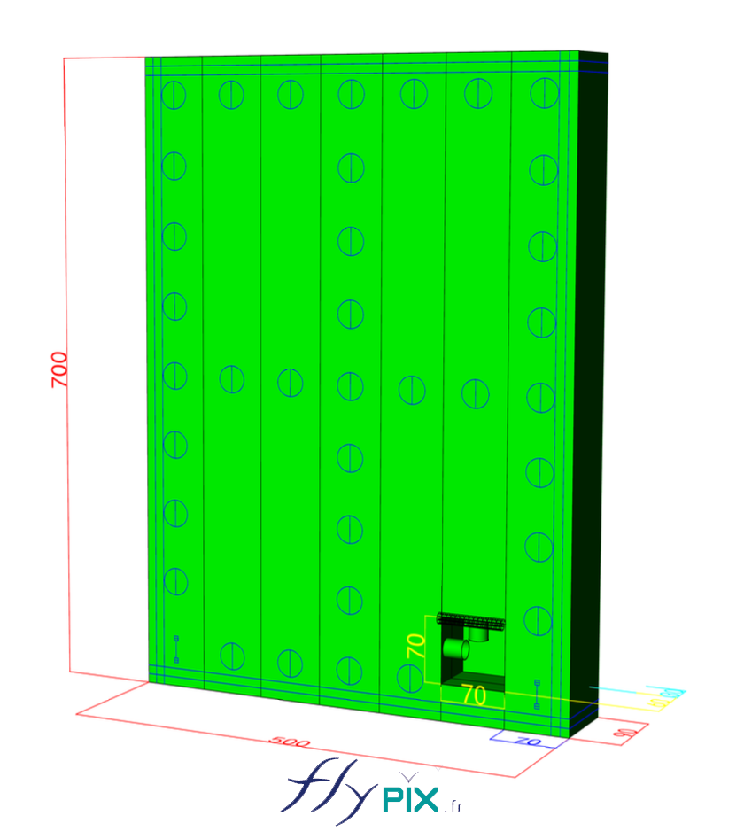 Différentes vues en infographie 3D et plans de conception, pour les murs gonflables de réduction de bruits et des nuisances sonores, qui ont été utilisés pour le BAT (bon à tirer), validé par le commanditaire SMP Drilling. - Droits réservés, copyrights FLYPIX.