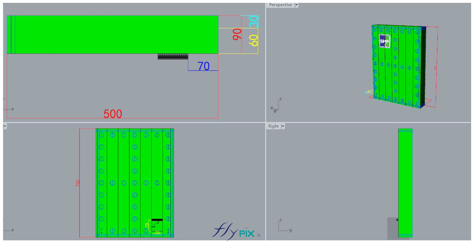 Différentes vues en infographie 3D et plans de conception, pour les murs gonflables de réduction de bruits et des nuisances sonores, qui ont été utilisés pour le BAT (bon à tirer), validé par le commanditaire SMP Drilling. - Droits réservés, copyrights FLYPIX.