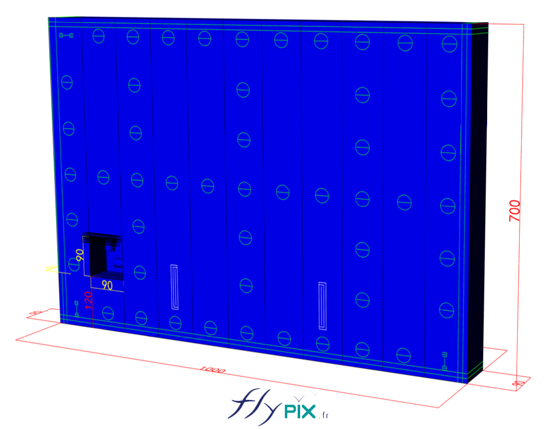 Différentes vues en infographie 3D et plans de conception, pour les murs gonflables de réduction de bruits et des nuisances sonores, qui ont été utilisés pour le BAT (bon à tirer), validé par le commanditaire SMP Drilling. - Droits réservés, copyrights FLYPIX.