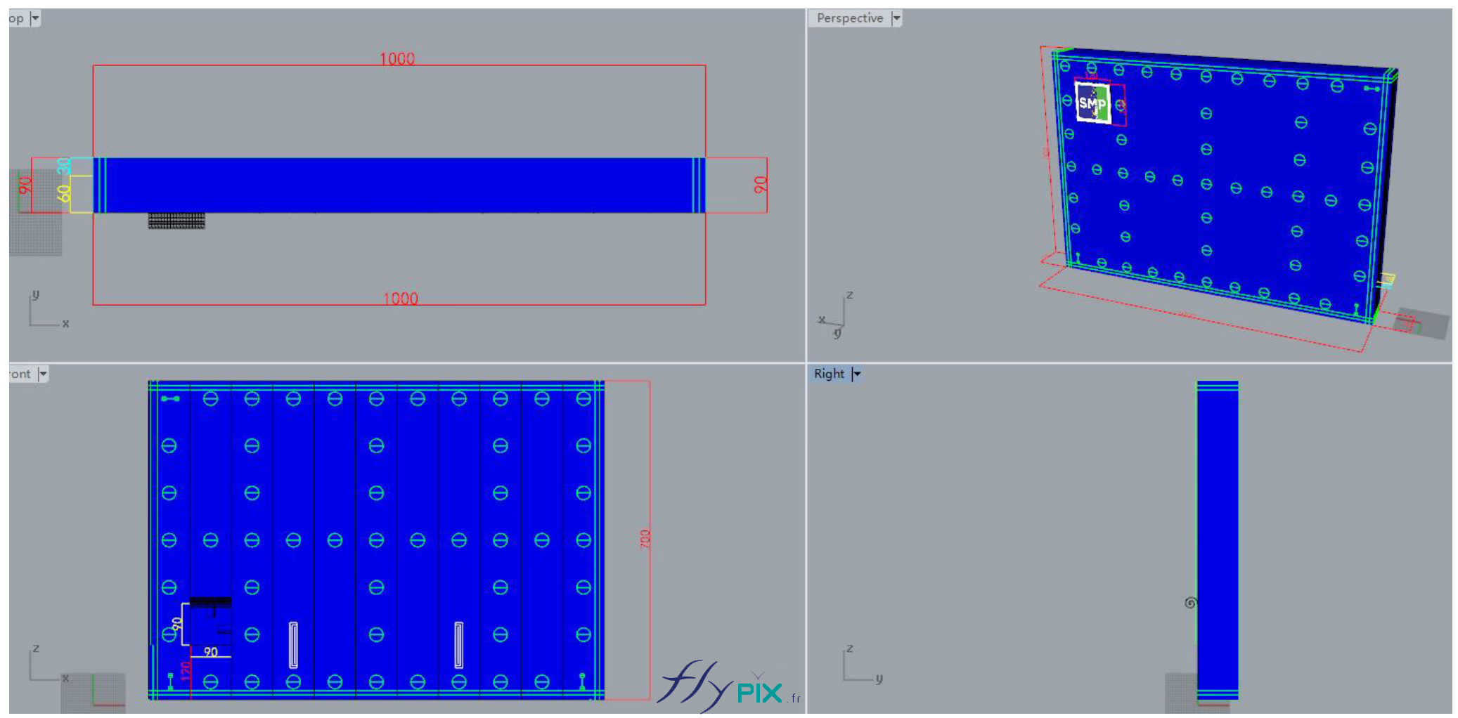 Différentes vues en infographie 3D et plans de conception, pour les murs gonflables de réduction de bruits et des nuisances sonores, qui ont été utilisés pour le BAT (bon à tirer), validé par le commanditaire SMP Drilling. - Droits réservés, copyrights FLYPIX.