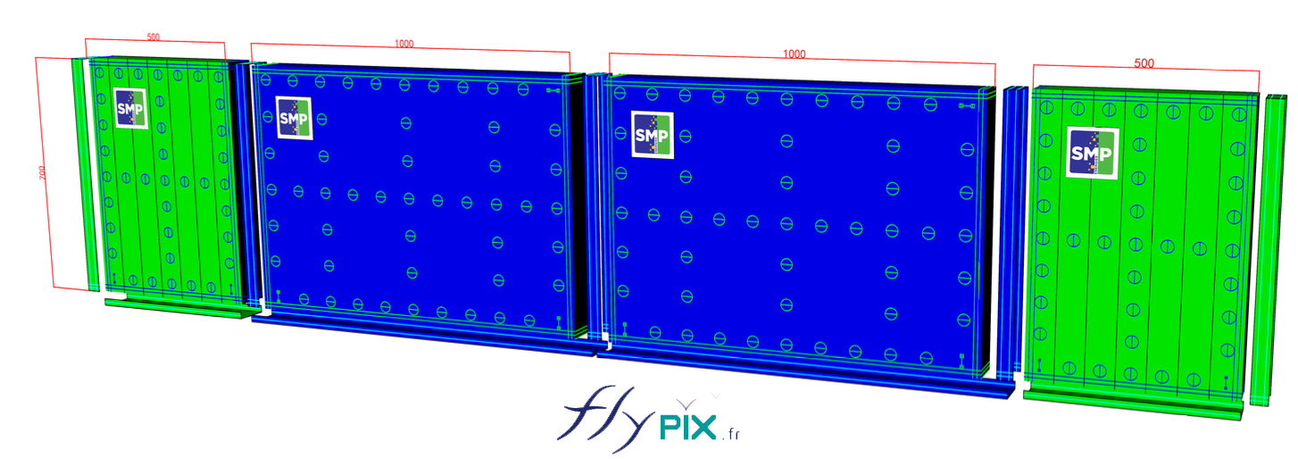 Qté 16 murs gonflables L = 10 m x H = 7 m, enveloppe PVC 0.45 mm double peau capitonné, ventilés par turbines en permanence - Droits réservés, copyrights FLYPIX.