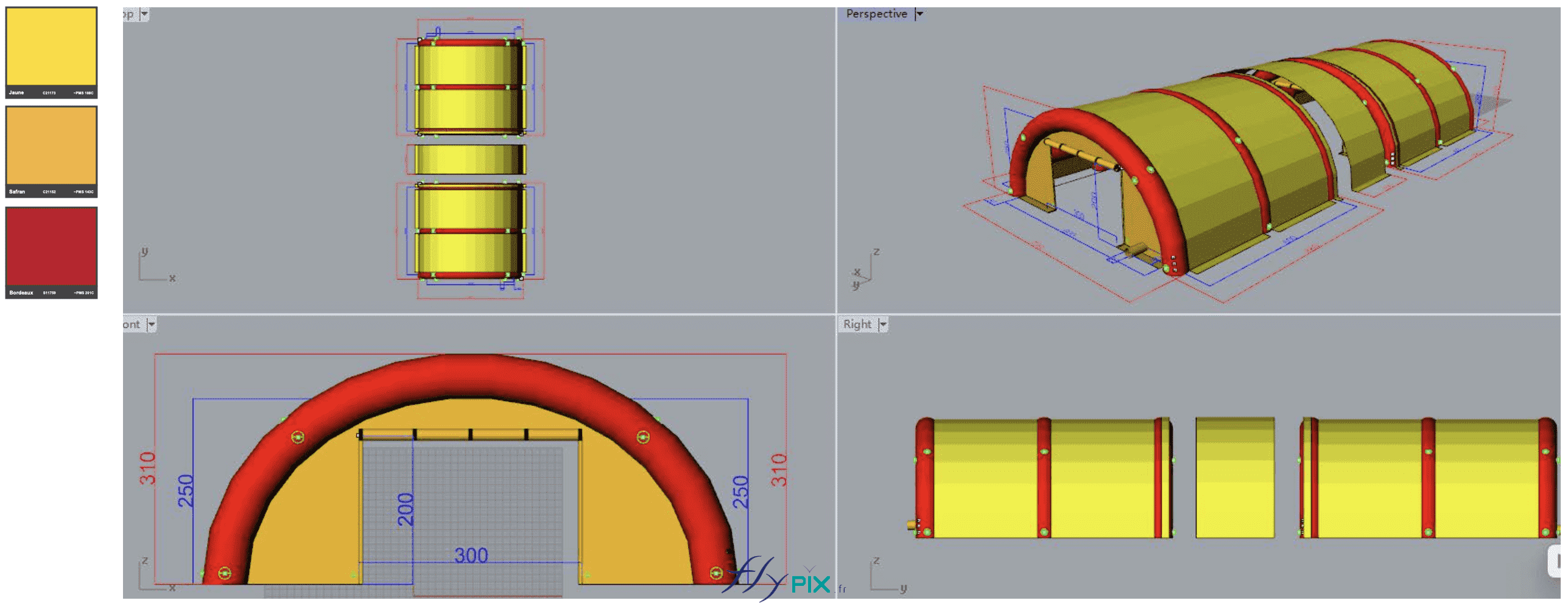 Une tente gonflable de chantier piscine, composée de 2 modules tunnels, de dimensions L = 6 m x l = 6 m x H = 2.5 m. 