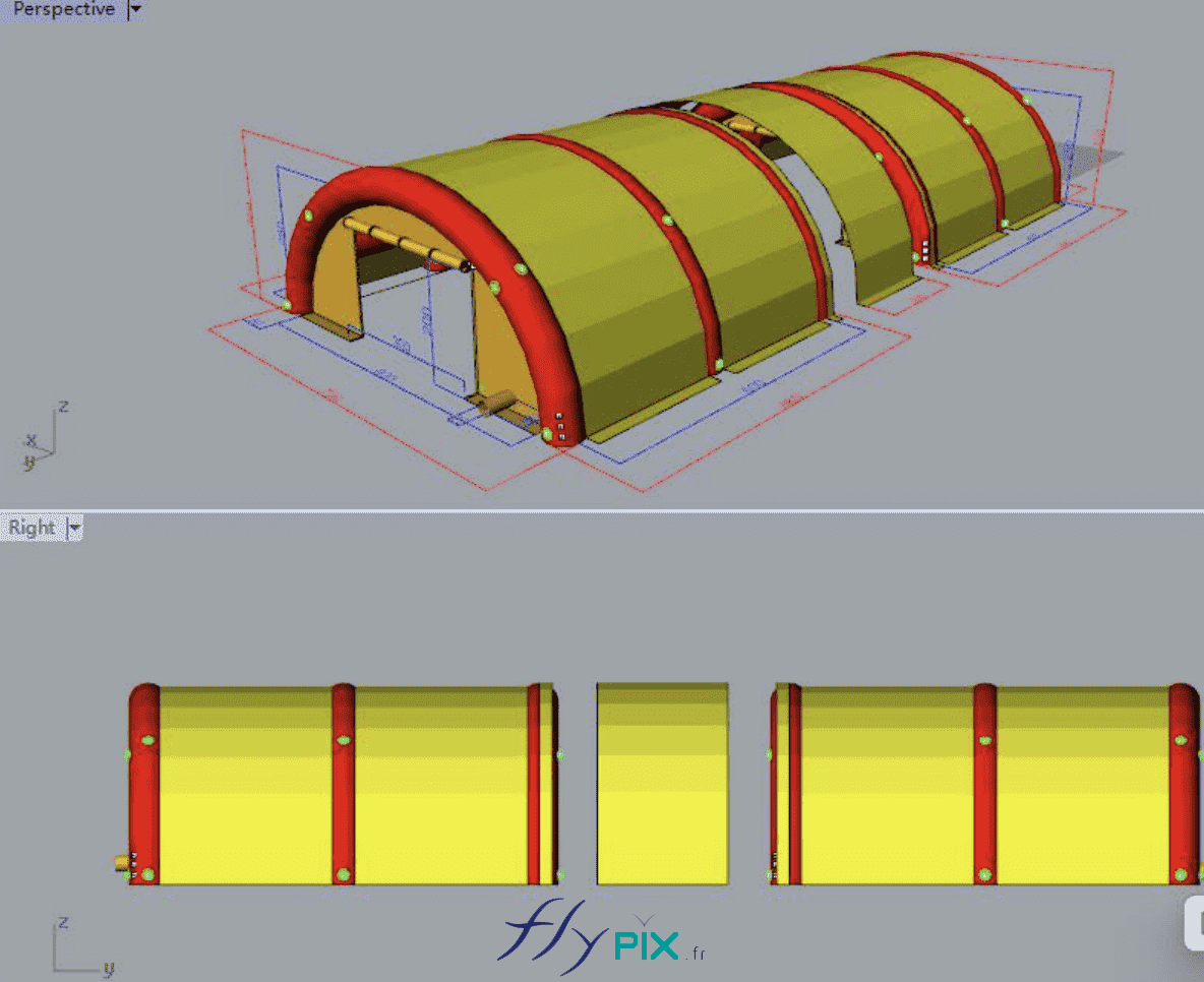 Une tente gonflable de chantier en forme de tunnel, conçu spécialement pour les chantiers piscines, avec pose de résines, d'enduits et d'époxy.