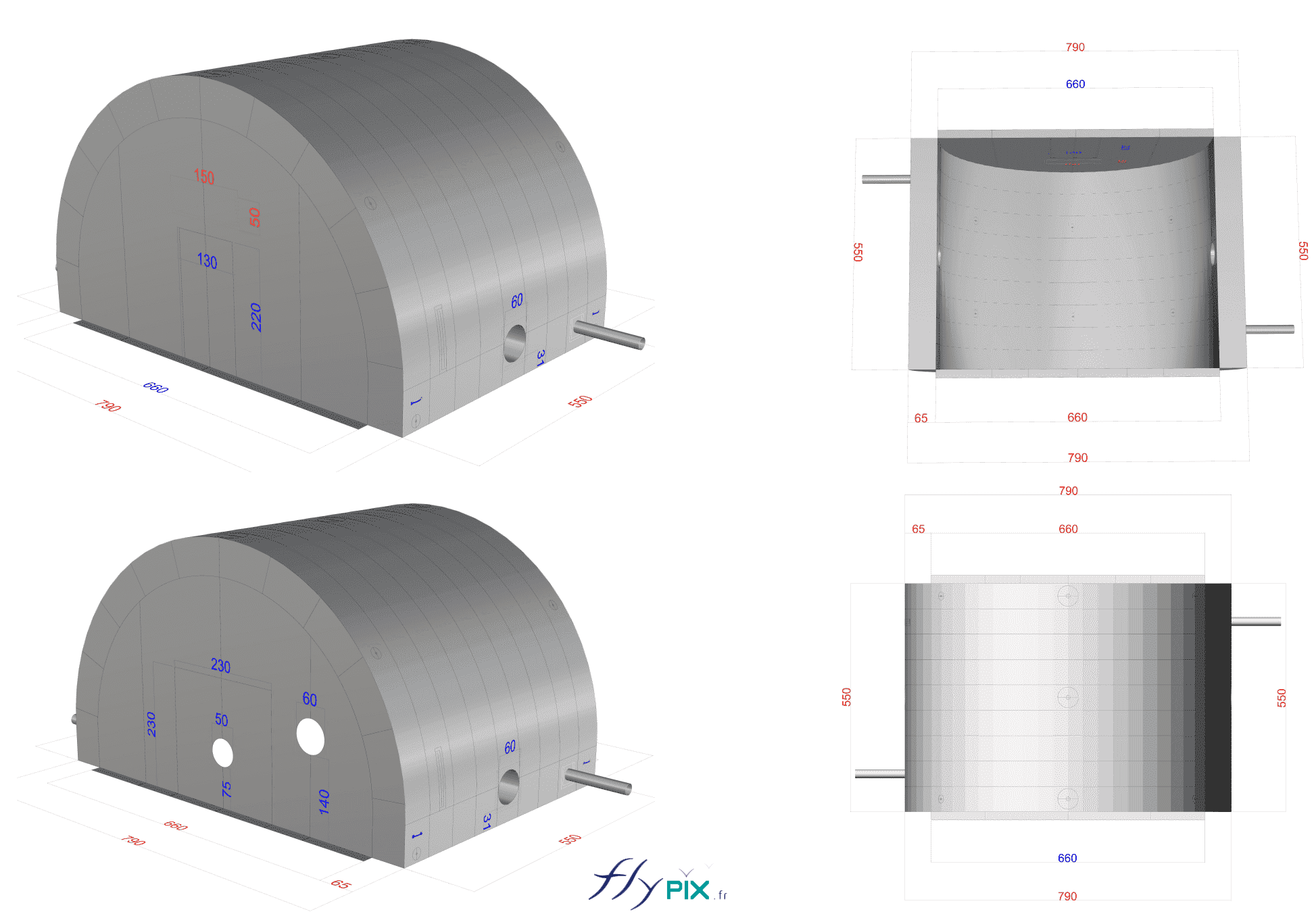 BAT (bon à tirer), modélisation 3D : Tente gonflable industrielle tunnel L = 6 m x l = 6 m, fabriquée sur mesure PVC 0.45 mm.