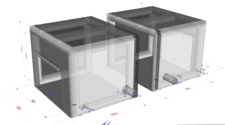 Dalkia : fabrication sur mesure d'un abri gonflable industriel, une tente air captif cubique, en enveloppe PVC 0.6 mm simple peau. Qté 2 modules air captif, L = 5 m x l = 5 m x H = 4 m, parallélépipédique, enveloppe PVC 0.6 mm et PVC 0.45 mm, bavette au sol, boudins à eau, bâche au sol, pompe, régulateur de pression – Droits réservés reproduction interdite. Copyright FlyPix / Vivien LAÏLLE.