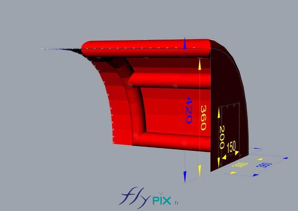 Concept de tente gonflable ou d'abri gonflable pour la protection de fenêtres de sheds pour les chantiers de toiture. Ils peuvent être conçus soit en air captif (enveloppe PVC 0.6 mm simple peau pour les boudins d'ossatures et enveloppe PVC 0.45 mm simple peau pour les murs et la toiture),