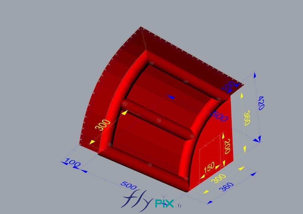Concept de tente gonflable ou d'abri gonflable pour la protection de fenêtres de sheds pour les chantiers de toiture. Ils peuvent être conçus soit en air captif (enveloppe PVC 0.6 mm simple peau pour les boudins d'ossatures et enveloppe PVC 0.45 mm simple peau pour les murs et la toiture),