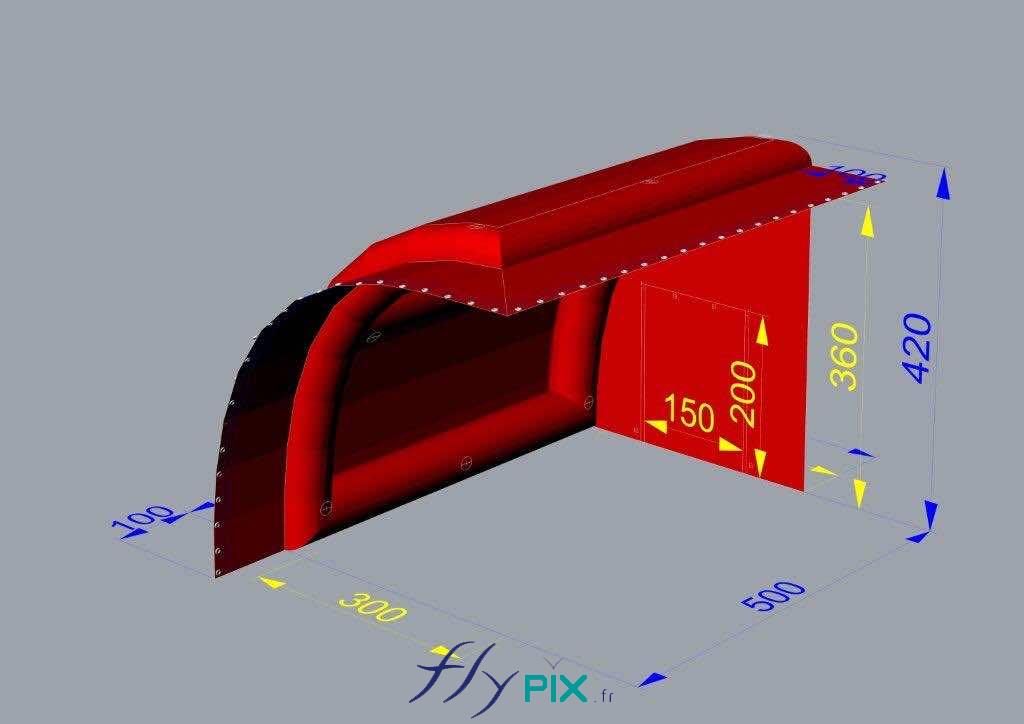 Concept de tente gonflable ou d'abri gonflable pour la protection de fenêtres de sheds pour les chantiers de toiture. Ils peuvent être conçus soit en air captif (enveloppe PVC 0.6 mm simple peau pour les boudins d'ossatures et enveloppe PVC 0.45 mm simple peau pour les murs et la toiture),
