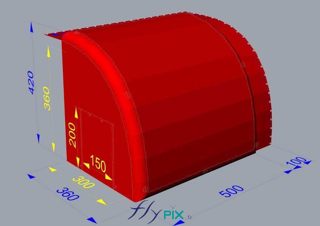 Une modélisation en 3D, réalisée par notre infographiste qui présente un concept d'abri gonflable de chantier de toiture, pour la protection de fenêtres des SHEDS. Comme nos tentes gonflables sont fabriquées sur mesure par nos soins dans nos ateliers en France à Orléans, nous pouvons adapter et proposer d'autres tailles et dimensions. - Copyright FlyPix, Droits réservés. 