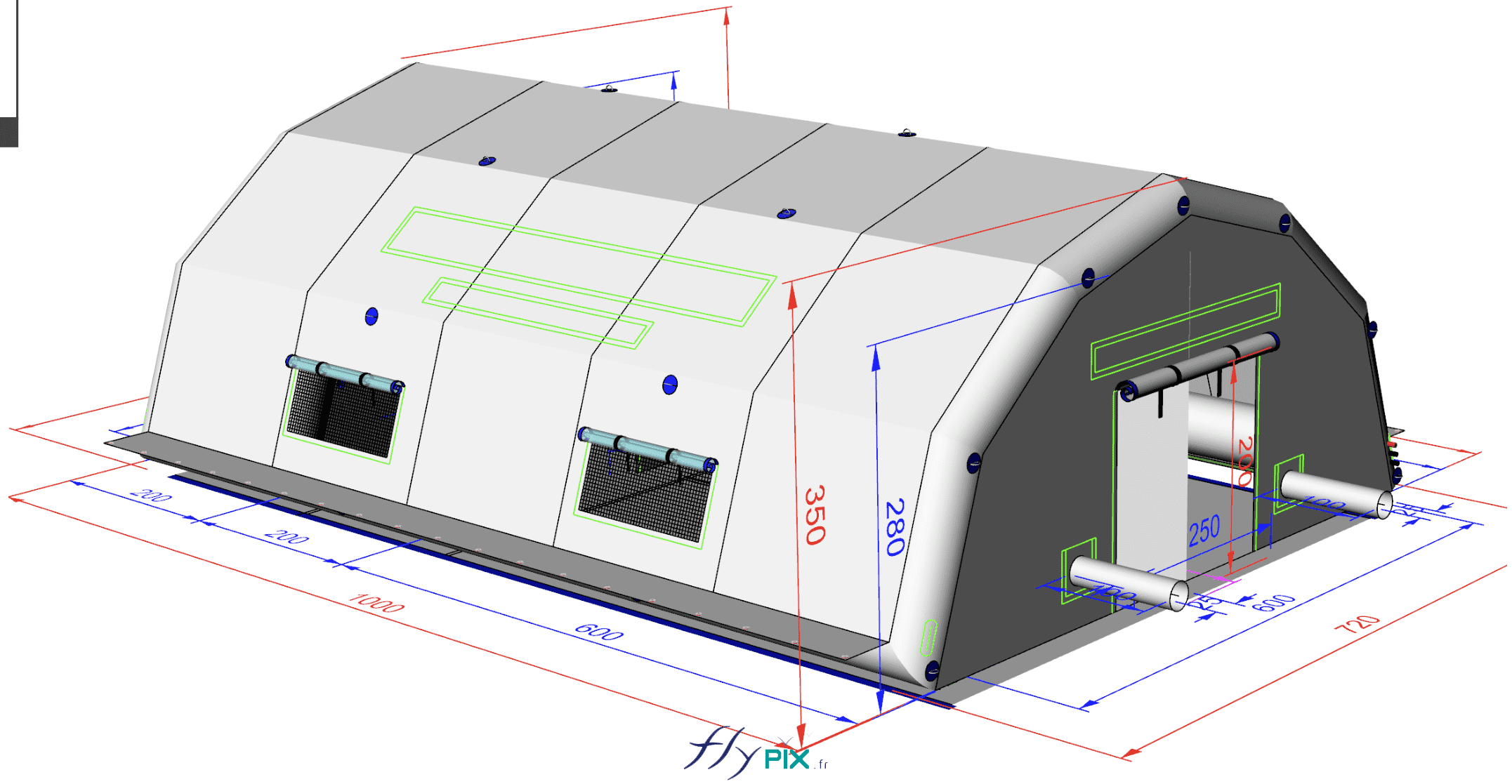 , Bertrand Export Brisbane / Prony Resources en Nouvelle-Calédonie, Melanesie: tente PMA L = 10 m x l = 6 m,  1 porte principale d'entrée, 1 porte principale de sortie, SANS porte latérale, Fenêtres et points de jour, PVC transparent, avec moustiquaires, volets amovibles,