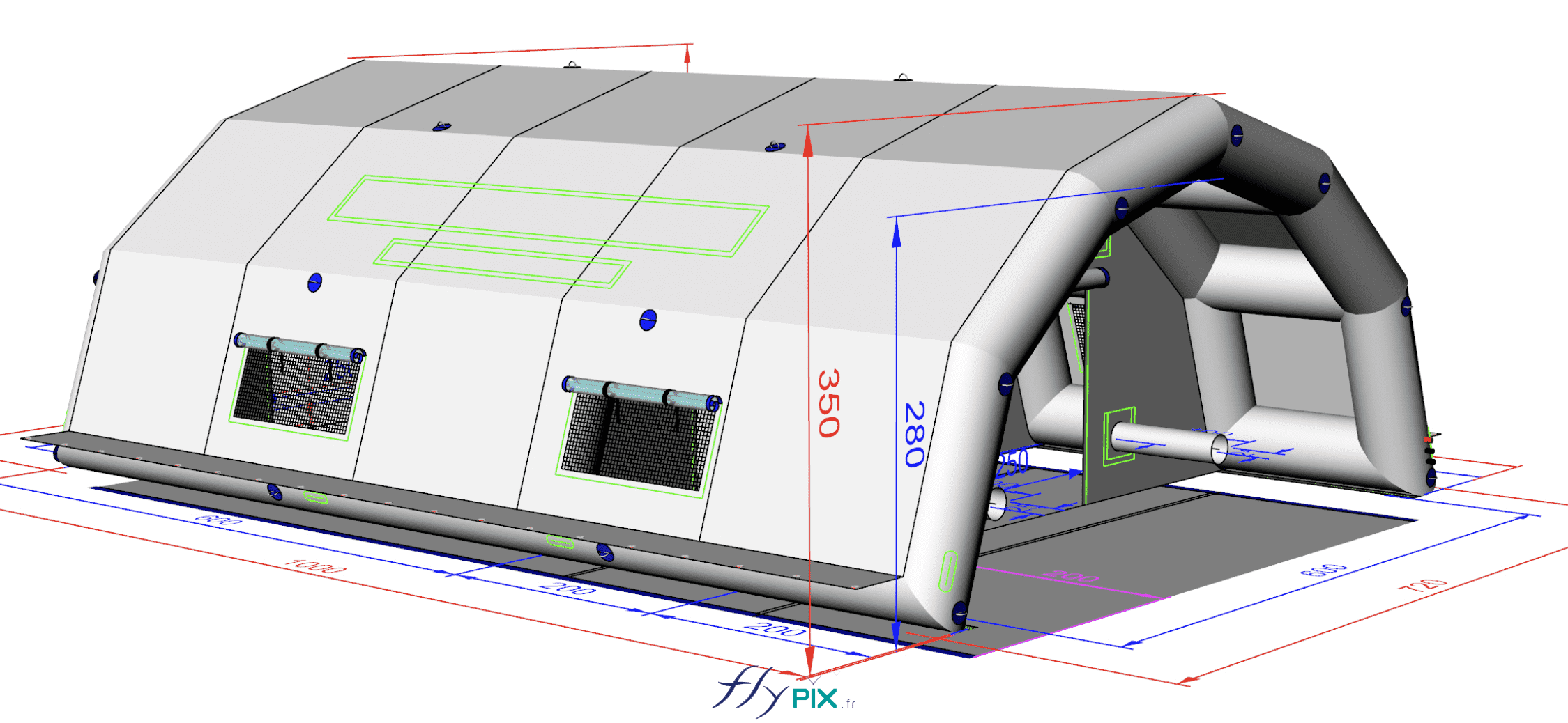 , Bertrand Export Brisbane / Prony Resources en Nouvelle-Calédonie, Melanesie: tente PMA L = 10 m x l = 6 m,  Voici une modélisation en 3D, le BAT (bon à tirer), présentant le concept de la tente PMA (Poste Médical Avance), validé par le commanditaire. Cet abri gonflable fabriqué sur mesure par nos soins, est air captif, c'est-à-dire gonflé à l'air avec une pompe électrique et un régulateur de pression, le matériau utilisé est du PVC 0.6 mm simple peau, avec des jointures soudées.