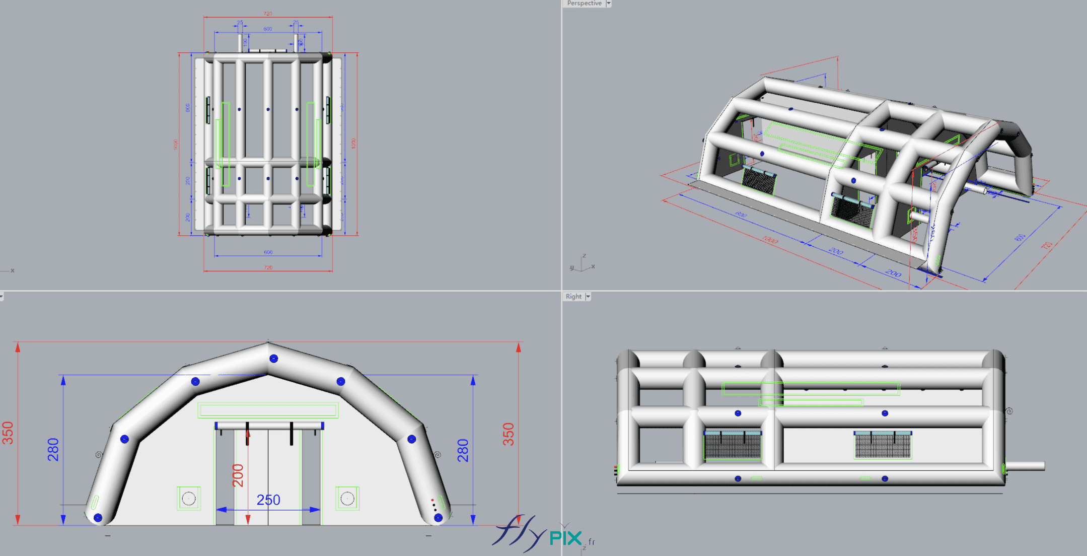 , Bertrand Export Brisbane / Prony Resources en Nouvelle-Calédonie, Melanesie: tente PMA L = 10 m x l = 6 m,  Différentes vues sous différents angles, en 3 dimensions, qui mettent en valeur l'ossature de la tente gonflable PMA ; les boudins d'ossatures de la structure gonflable sont interconnectés entre eux, en enveloppe PVC 0.6 mm simple peau, avec des jointures soudées.
