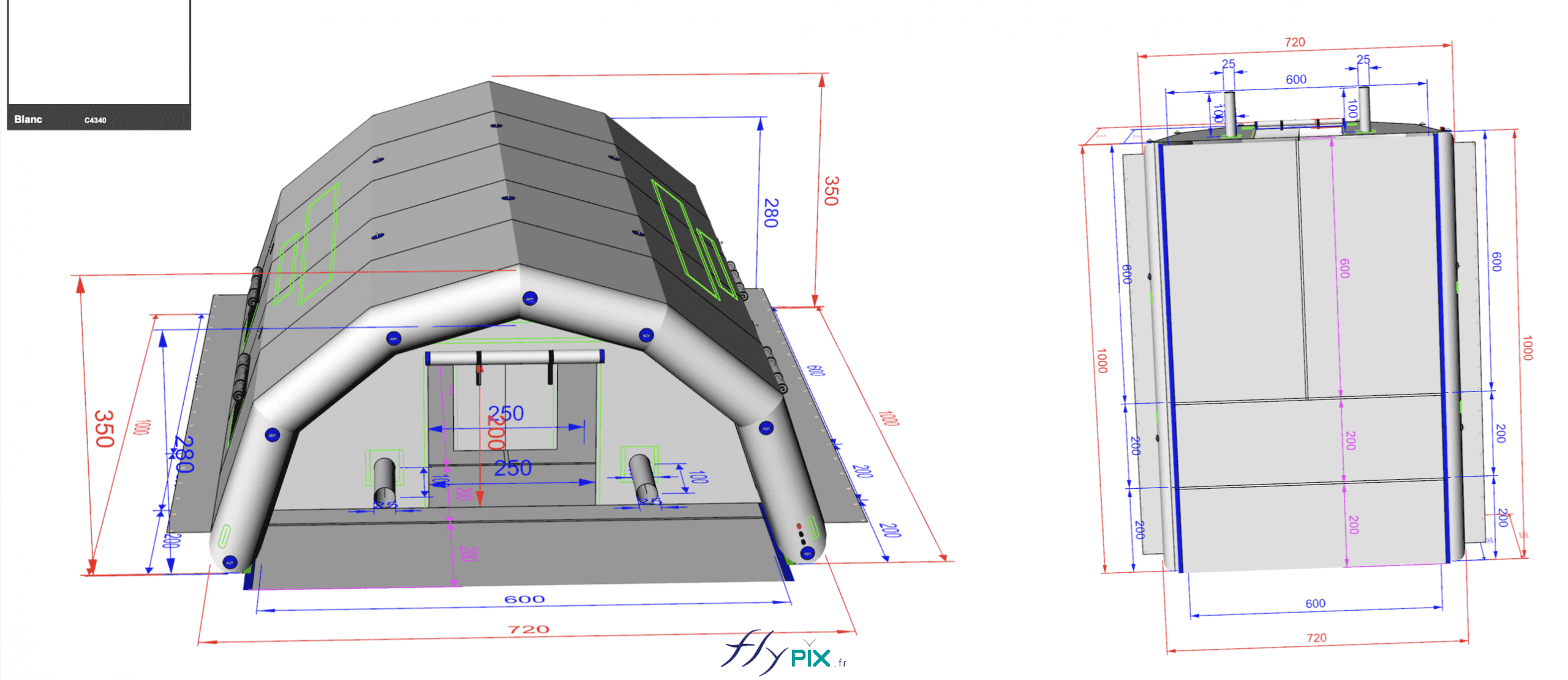 , Bertrand Export Brisbane / Prony Resources en Nouvelle-Calédonie, Melanesie: tente PMA L = 10 m x l = 6 m,  La surface intérieure prévue d'espace sanitaire de soins ou de travail est de L = 8 m x l = 6 m, soit 48 m2 utiles.