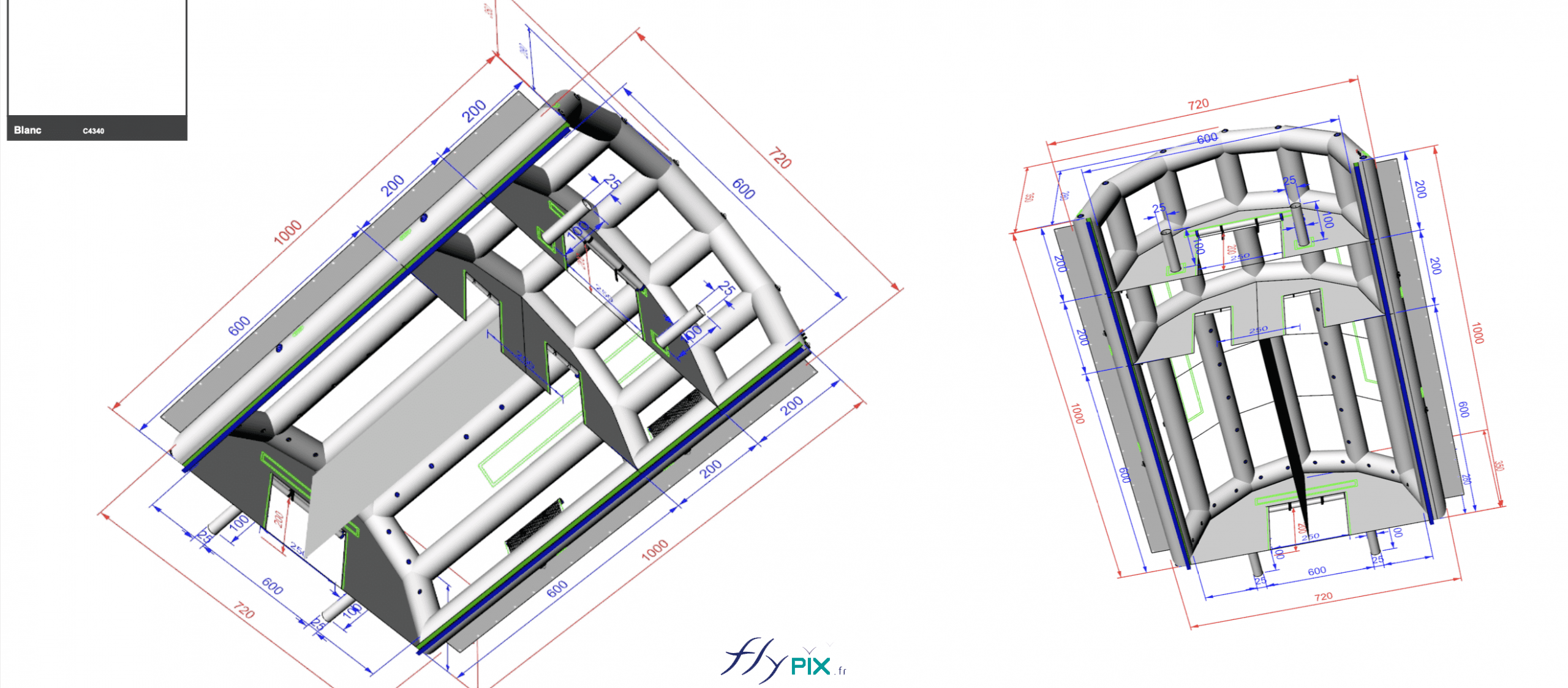 , Bertrand Export Brisbane / Prony Resources en Nouvelle-Calédonie, Melanesie: tente PMA L = 10 m x l = 6 m,  Ce type de représentation est très utile pour visualiser l'ensemble des informations d'un seul tenant, comme par exemple les dimensions utiles intérieures, la configuration générale, les finitions, les accessoires, les agencements au sein de l'abri gonflable médical. Il est utile de présenter la structure gonflable avec et sans les murs, de dessus et de dessous, pour bien montrer la solidité générale.