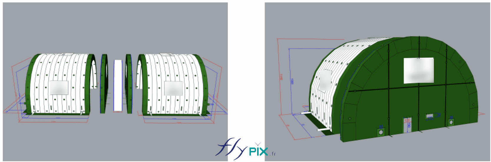, Chantier de dépollution de site : 2 modules de hangar gonflable de S = 200 m2, soit S = 400 m2 de surface utile de travail,  Vues de modélisation en 3D (bon à tirer) des 2 modules de tentes gonflables de dépollution de suite. Les 2 abris gonflables en forme de tunnel de surface unitaire S = 200 m2 peuvent être associés ou pas, à leur convenance, en fonction de la configuration des chantiers de dépollution, procurant ainsi une surface utile totale de S = 400 m2. Le pignon ARR est amovible, il comporte 1 porte de service. Chaque module peut être utilisé indépendamment et individuellement, sur 2 chantiers différent, ou bien être assemblés pour en faire une tente gonflable plus grande. – Photo : copyright FlyPix/Vivien LAÏLLE, droits réservés.