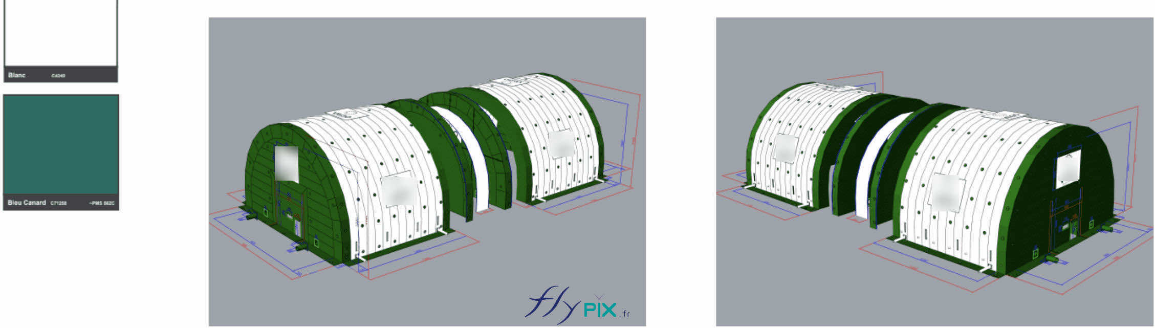 , Chantier de dépollution de site : 2 modules de hangar gonflable de S = 200 m2, soit S = 400 m2 de surface utile de travail,  Vues de modélisation en 3D (bon à tirer) des 2 modules de tentes gonflables de dépollution de suite. Les 2 abris gonflables en forme de tunnel de surface unitaire S = 200 m2 peuvent être associés ou pas, à leur convenance, en fonction de la configuration des chantiers de dépollution, procurant ainsi une surface utile totale de S = 400 m2. Le pignon ARR est amovible, il comporte 1 porte de service. Chaque module peut être utilisé indépendamment et individuellement, sur 2 chantiers différent, ou bien être assemblés pour en faire une tente gonflable plus grande. – Photo : copyright FlyPix/Vivien LAÏLLE, droits réservés.